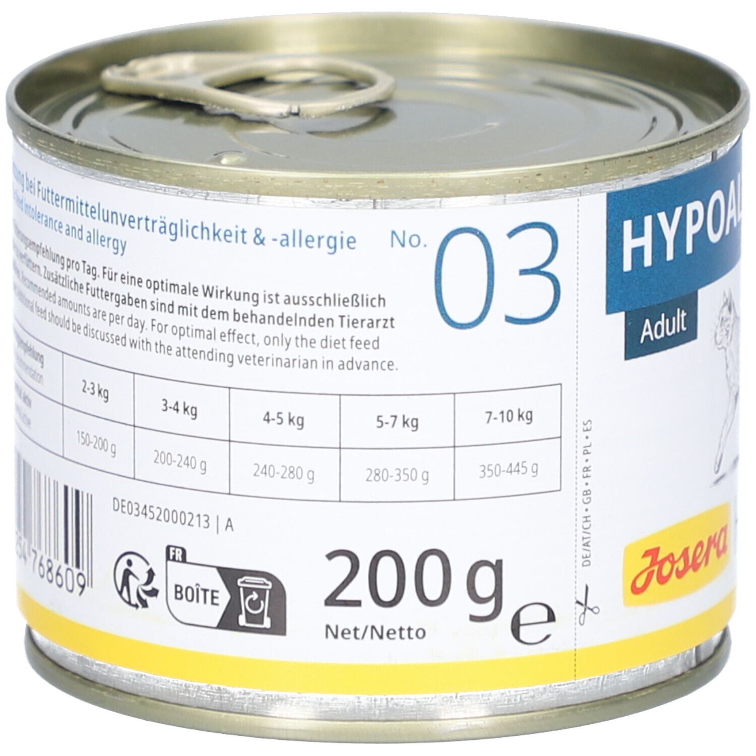 Katzenfutterdose mit Etikett. Aufschrift: HYPOALLERGENIC Adult. Logo: JOSERA HELP. Inhalt: 200g. Fütterungsempfehlung.