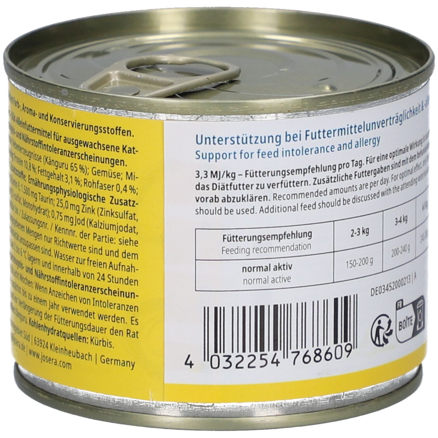 Katzenfutterdose mit Etikett. Text: Unterstützung bei Futterunverträglichkeit & -allergie. Fütterungsempfehlung. Barcode.