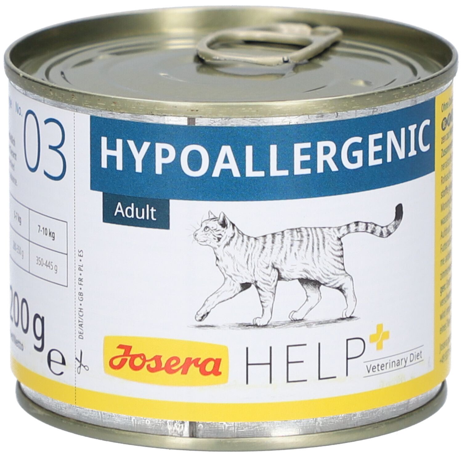 Katzenfutterdose mit Etikett. Aufschrift: HYPOALLERGENIC Adult. Logo: JOSERA HELP Veterinary Diet. Abbildung einer Katze. Inhalt: 200g.