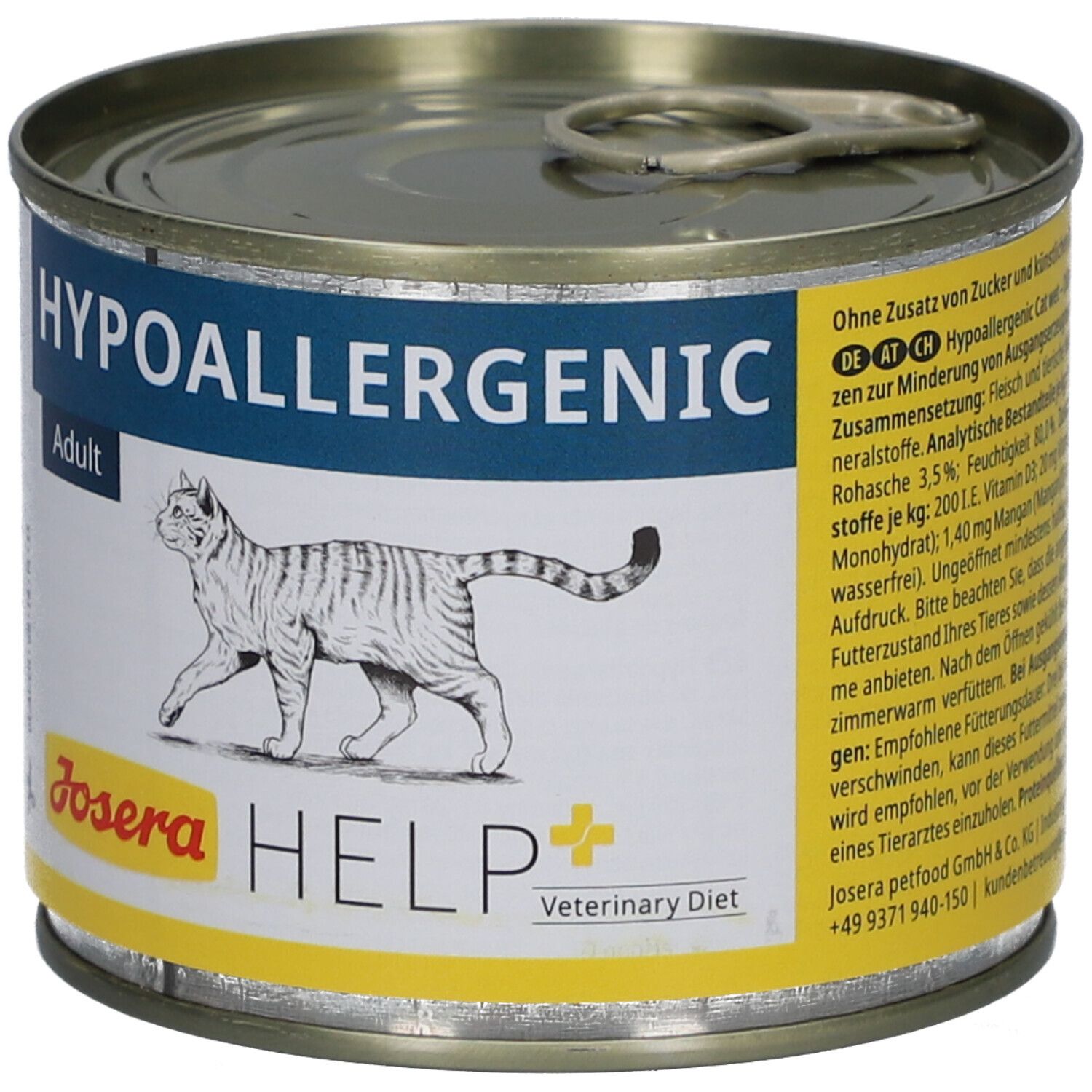 Katzenfutterdose mit Etikett. Aufschrift: HYPOALLERGENIC Adult. Logo: JOSERA HELP Veterinary Diet. Abbildung einer Katze.