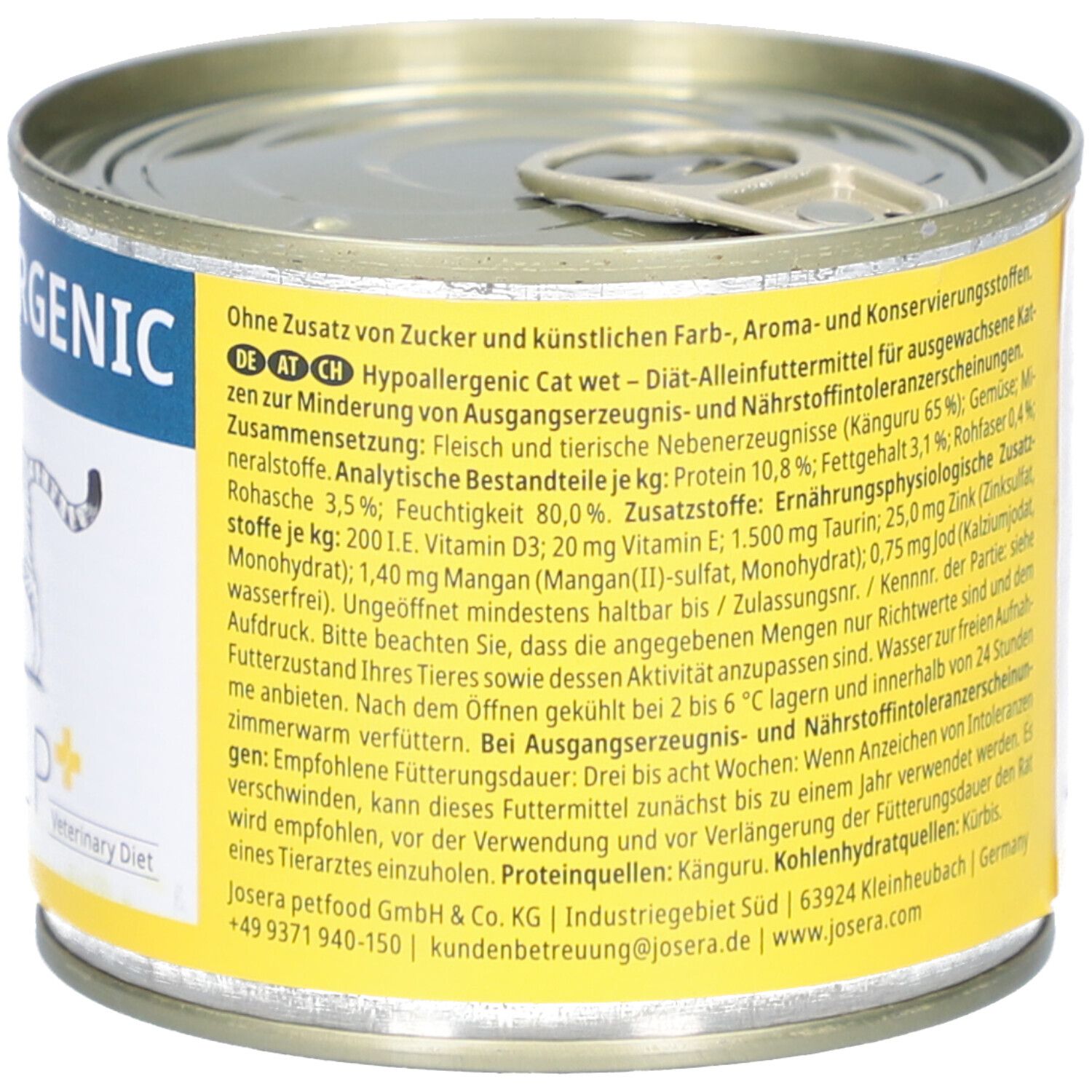 Katzenfutterdose mit Etikett. Text: Ohne Zusatz von Zucker. Zusammensetzung. Analytische Bestandteile. Inhaltsstoffe. Kontaktinformationen.