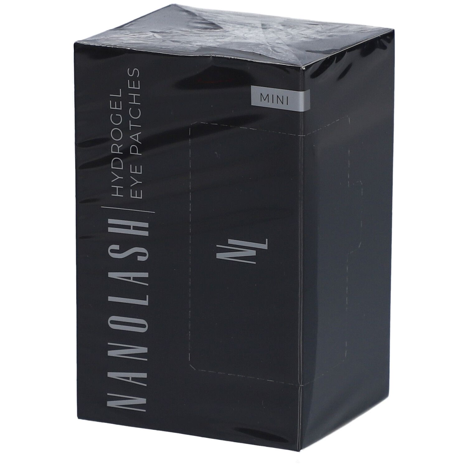 Schwarze Verpackung mit Produktnamen NANOLASH® Hydrogel Eye Patches Mini. In Folie verpackt.