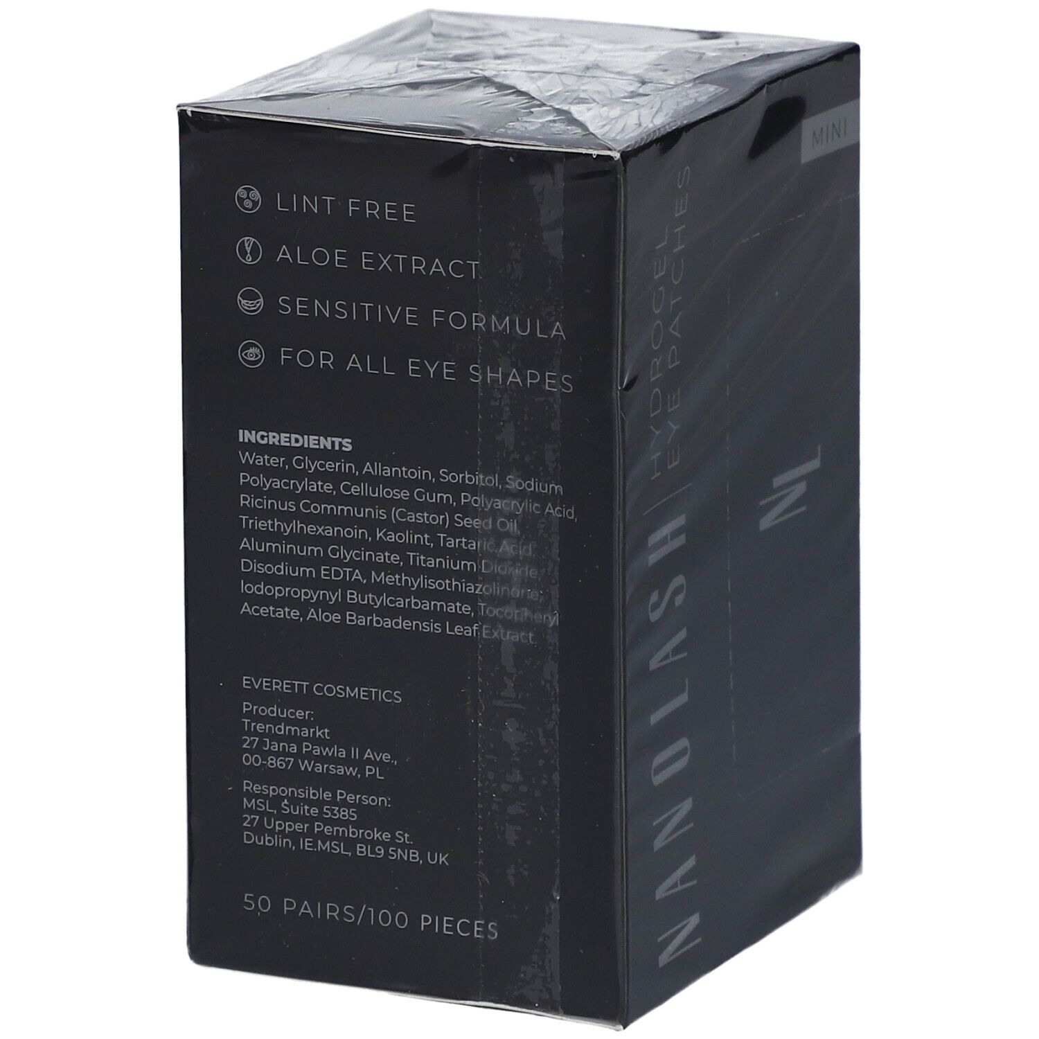 Schwarze Verpackung mit Produktinformationen. Enthält Inhaltsstoffe, Hersteller und Adresse. 50 Paar/100 Stück.