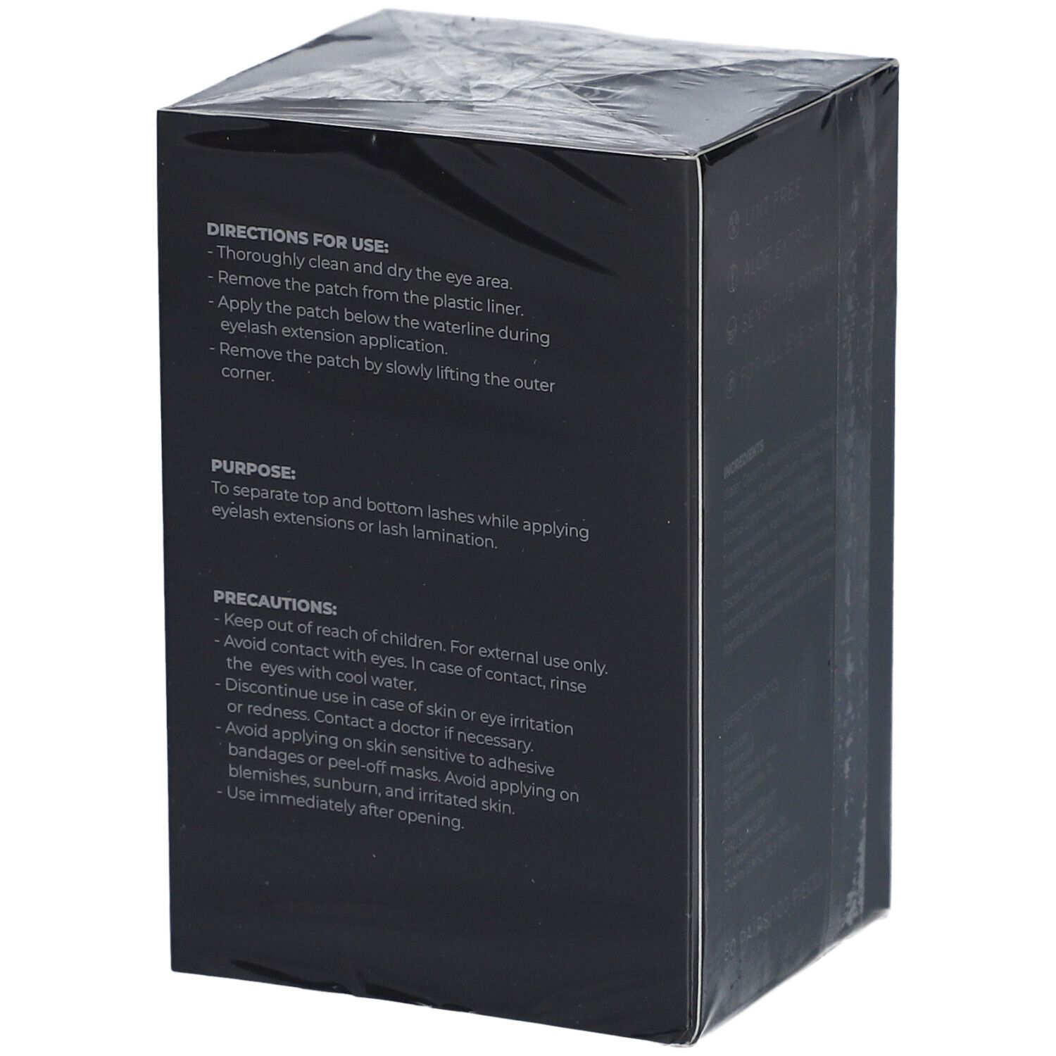 Schwarze Verpackung mit Anwendungsanweisungen und Vorsichtsmaßnahmen. Für die Anwendung bei Wimpernverlängerungen.