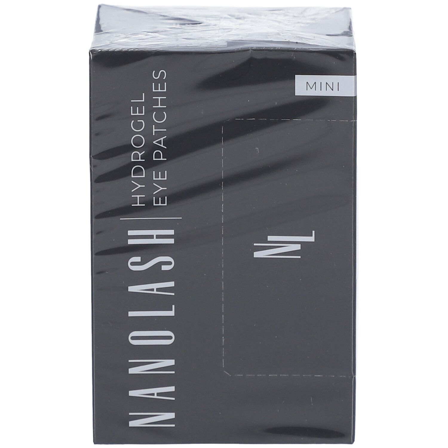 Schwarze Verpackung mit Produktnamen NANOLASH® Hydrogel Eye Patches Mini. In Folie verpackt.