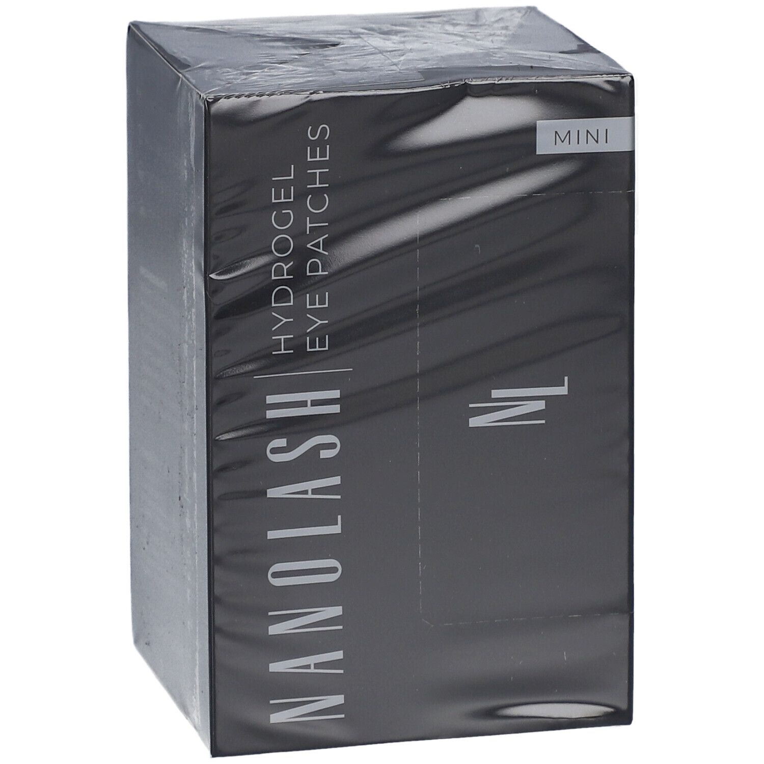 Schwarze Verpackung mit Produktnamen NANOLASH® Hydrogel Eye Patches Mini. In Folie verpackt.