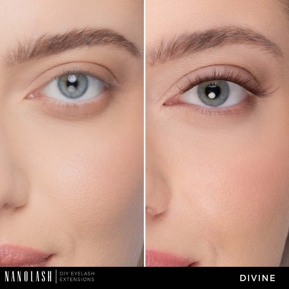Nahaufnahme eines Gesichts mit einem Auge ohne und mit NANOLASH® DIY Wimpernverlängerung. Deutlicher Unterschied.