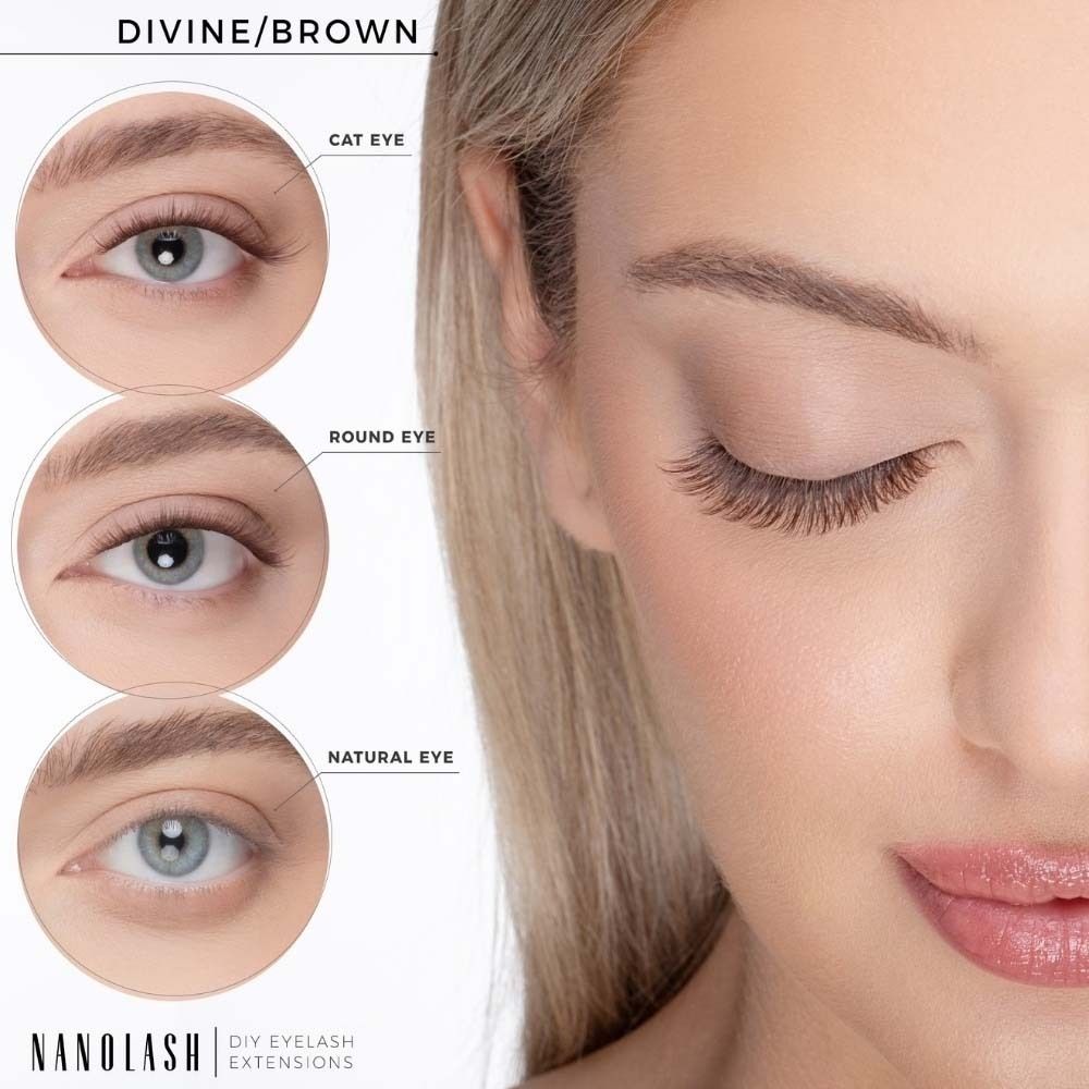 Drei Augenformen: Cat Eye, Round Eye, Natural Eye. NANOLASH® DIY Wimpernverlängerung. Divine/Braun.