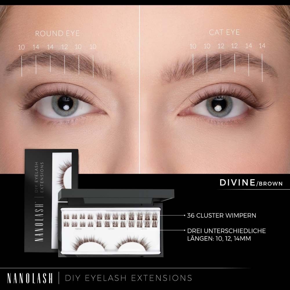 NANOLASH® DIY Wimpernverlängerung Starter Kit. 36 Cluster Wimpern. Drei Längen: 10, 12, 14mm. Divine/Braun.