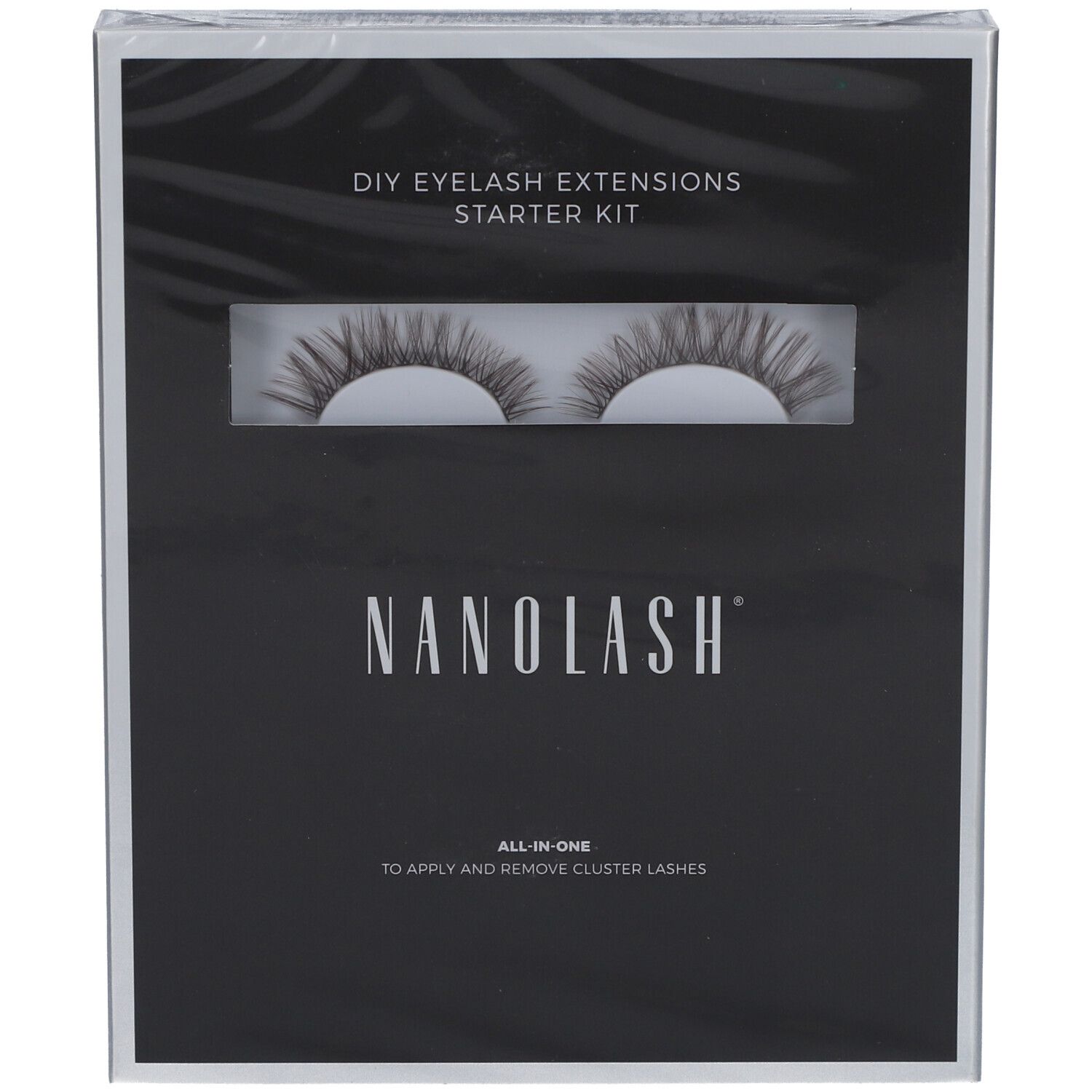 NANOLASH® DIY Starter Kit. Schwarze Verpackung mit Wimpern. Schriftzug: NANOLASH, DIY EYELASH EXTENSIONS STARTER KIT.