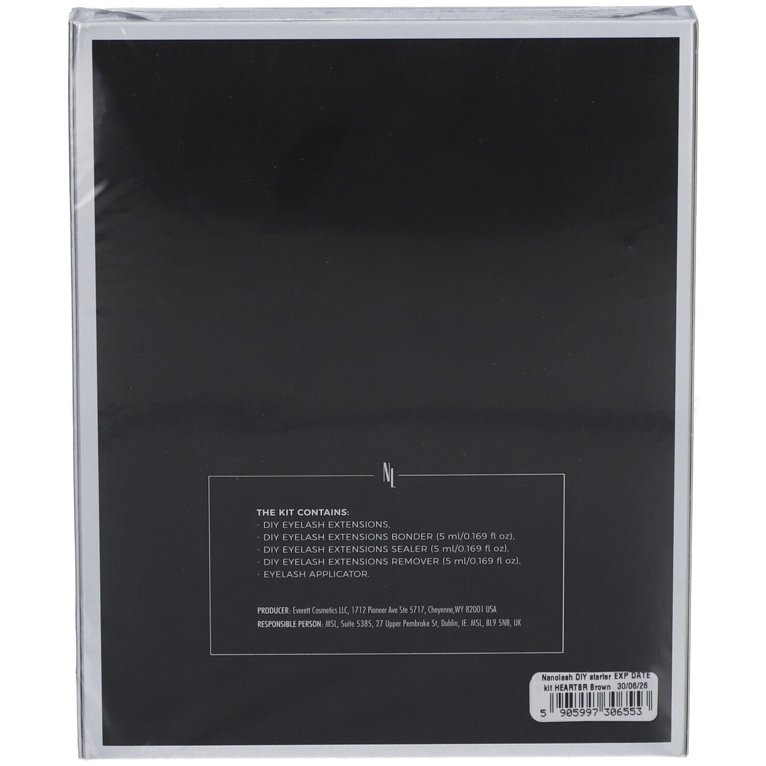 Rückseite des NANOLASH® DIY Starter-Kits. Text: Inhaltsstoffe, Herstelleradresse, Barcode.