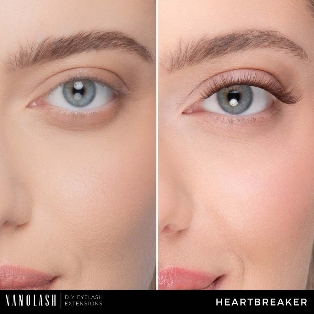 Nahaufnahme eines Auges mit NANOLASH® Wimpernverlängerungen. Das Auge rechts hat längere Wimpern. Produktname: HEARTBREAKER.