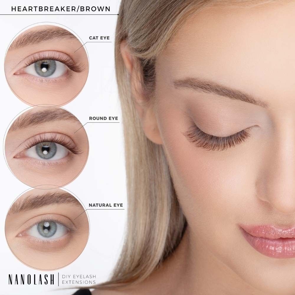 Drei Augenformen: Cat Eye, Round Eye, Natural Eye. NANOLASH® DIY Wimpernverlängerungen. Produktname: HEARTBREAKER/BROWN.