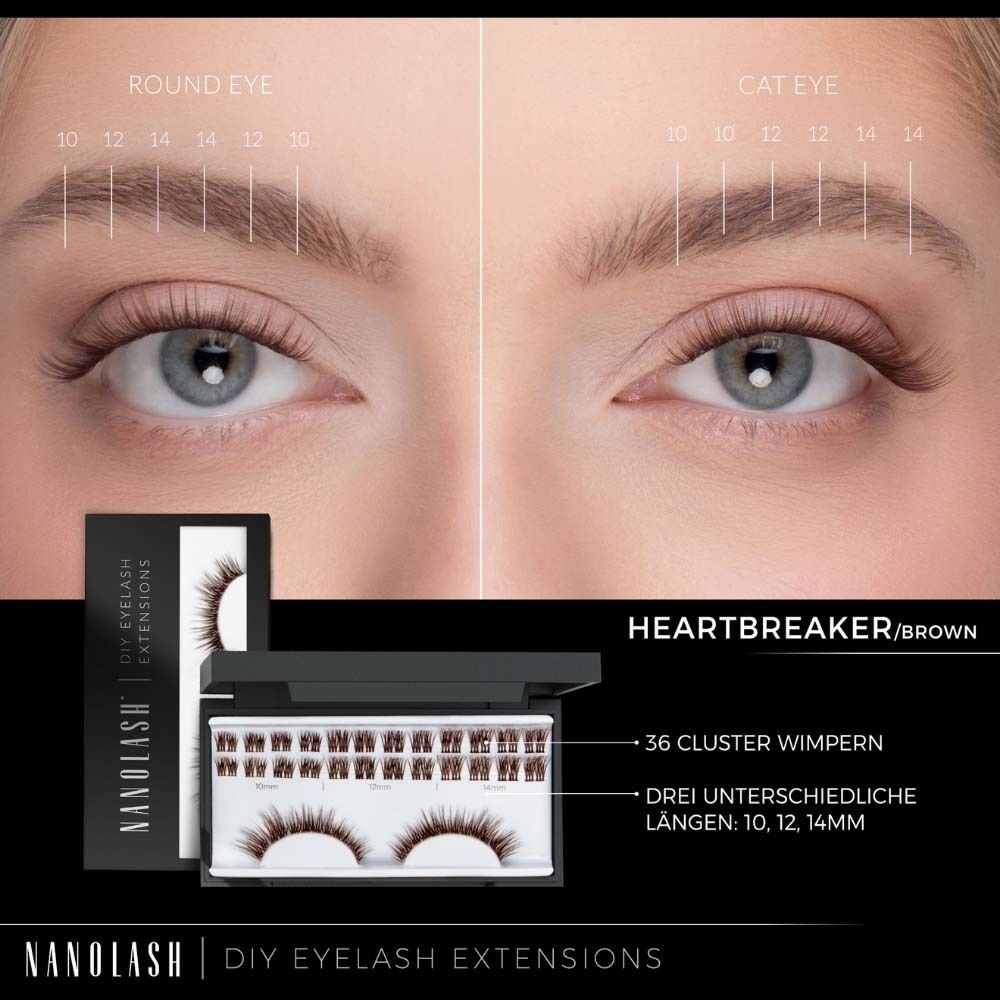 NANOLASH® DIY Wimpernverlängerungen. 36 Cluster Wimpern. Drei Längen: 10, 12, 14mm. Produktname: HEARTBREAKER/BROWN.