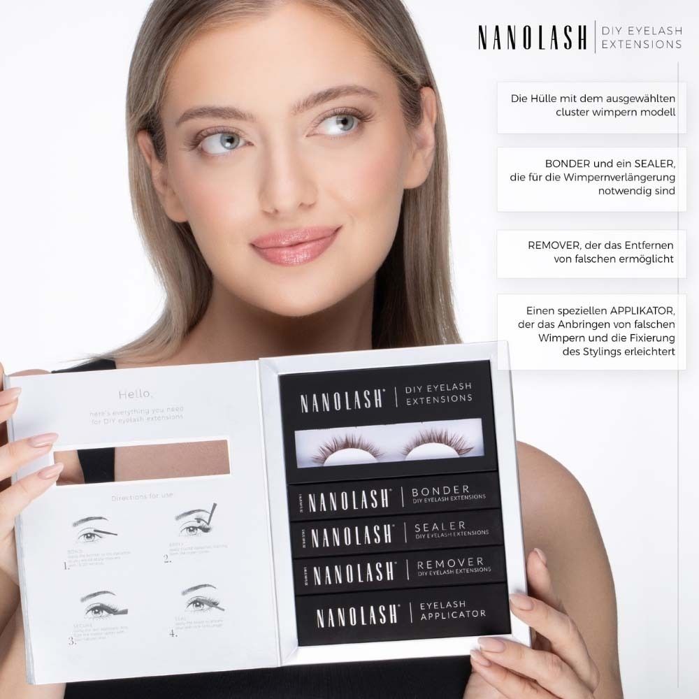 NANOLASH® DIY Wimpernverlängerung Starter Kit geöffnet. Enthält Wimpern, Bonder, Sealer, Remover und Applikator.