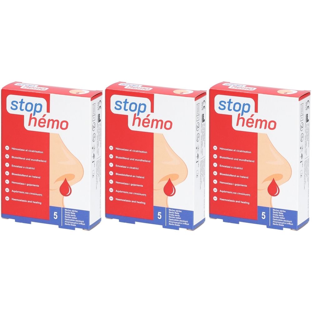 Drei Packungen mit roter und weißer Verpackung. Aufdruck "stop hémo" und Abbildung einer Nase mit Bluttropfen. Packung mit 5 Stück.