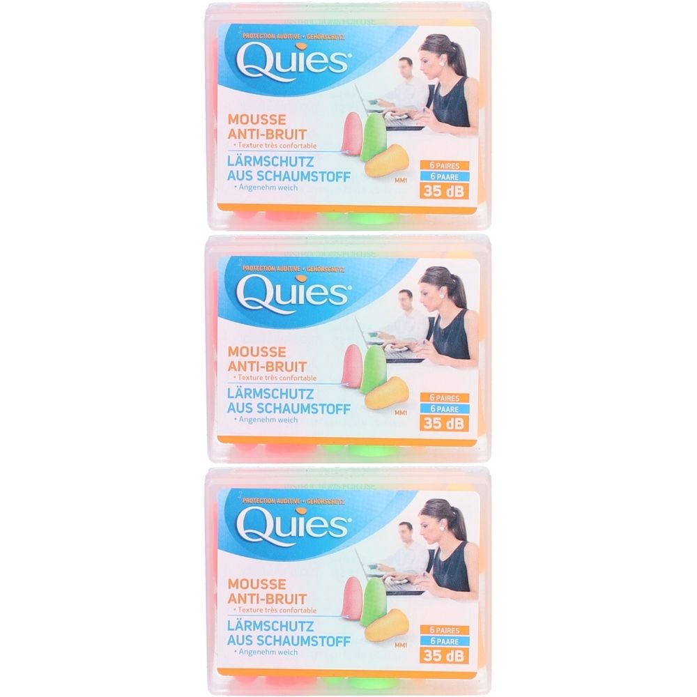 Drei Packungen Gehörschutzstöpsel. Jede Packung zeigt das Logo "Quies", Text "Mousse Anti-Bruit" und "Lärmschutz aus Schaumstoff".
