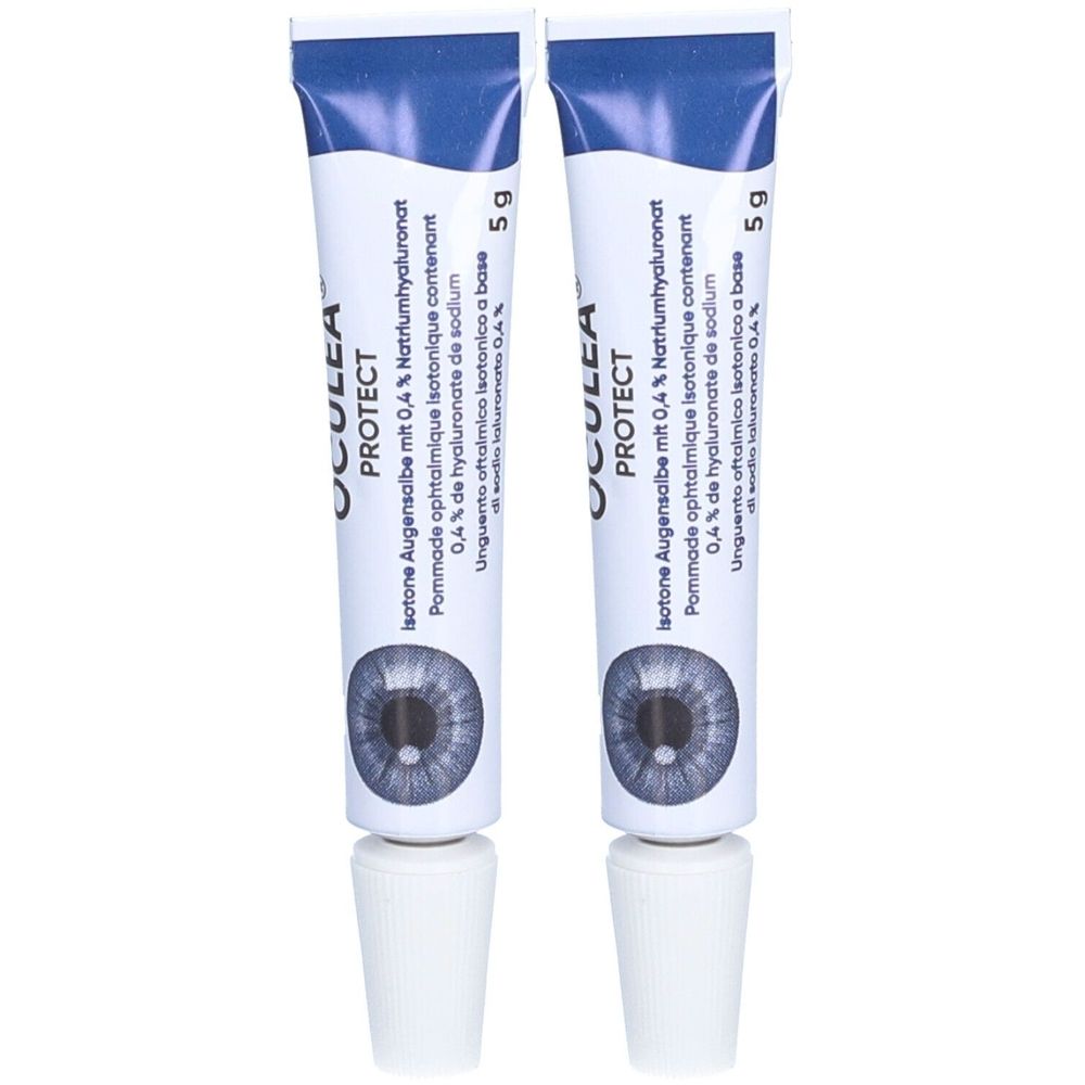 Zwei Tuben OCULEA PROTECT Augensalbe. Weiße Tuben mit blauem Deckel und Text. 5g.