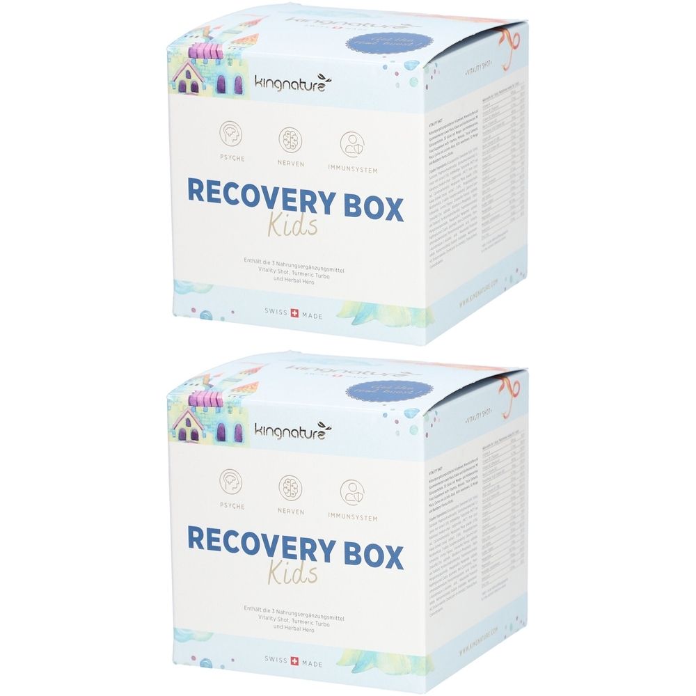 Deux boîtes carrées. Inscription : Recovery Box Kids. Marque : kingnature. Logos : Guérison, Énergie, Système immunitaire. Fabriqué en Suisse.