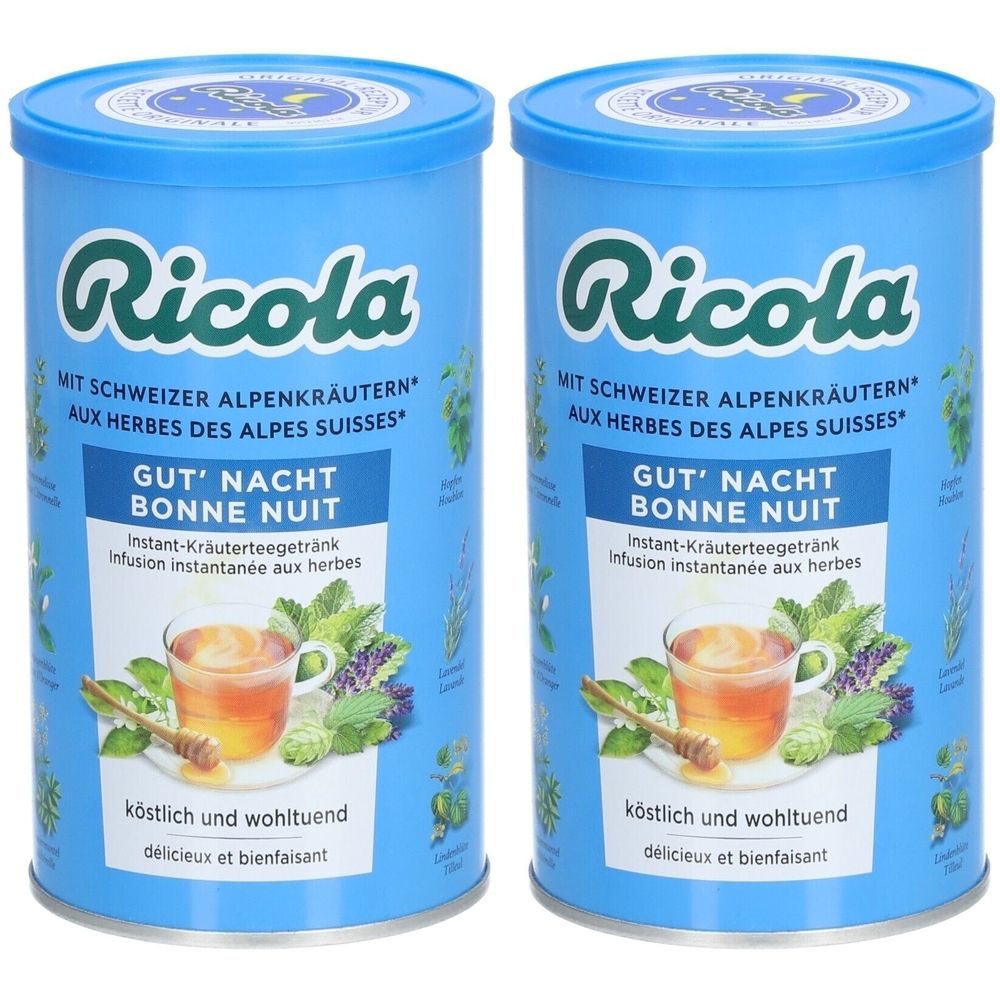 Zwei blaue Dosen Ricola Infuselle Bonne Nuit. Aufschrift: Schweizer Alpenkräuter, Gut' Nacht Bonne Nuit. Abbildung von Kräutertee.
