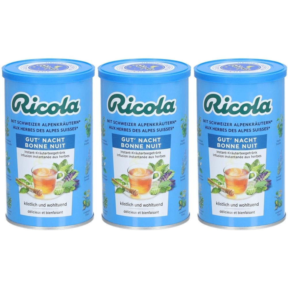 Drei blaue Dosen mit dem Logo von Ricola. Aufschrift: Gut Nacht Bonne Nuit. Abbildung einer Tasse Kräutertee.
