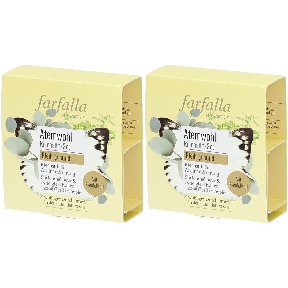 Deux boîtes jaunes avec texte. Inscription : farfalla, Atemwohl Riechstift-Set, Bleib gesund. Avec bois de santal.