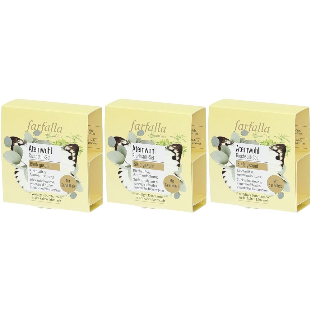 Drie gele dozen met opdruk. Opschrift: Farfalla AromaCare Set, Atemwohl, Reichtum Set. Met illustraties en tekst.