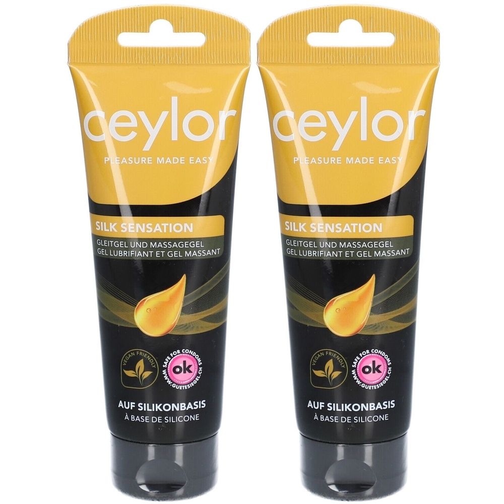 Zwei Tuben Gleitgel. Aufschrift: Ceylor, Silk Sensation, Auf Silikonbasis. Mit ok-Siegel.