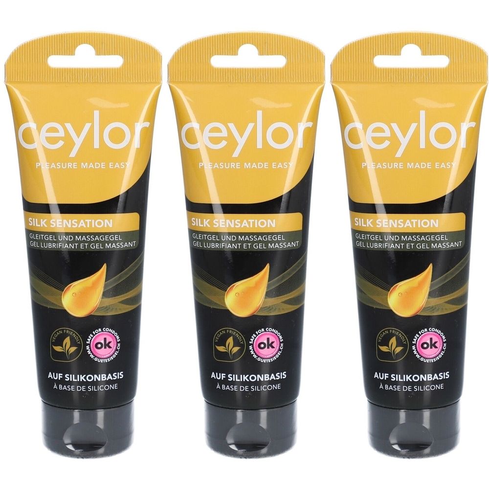 Drei Tuben mit gelbem Deckel und schwarzem Boden. Aufschrift: Ceylor Silk Sensation. Auf Silikonbasis.