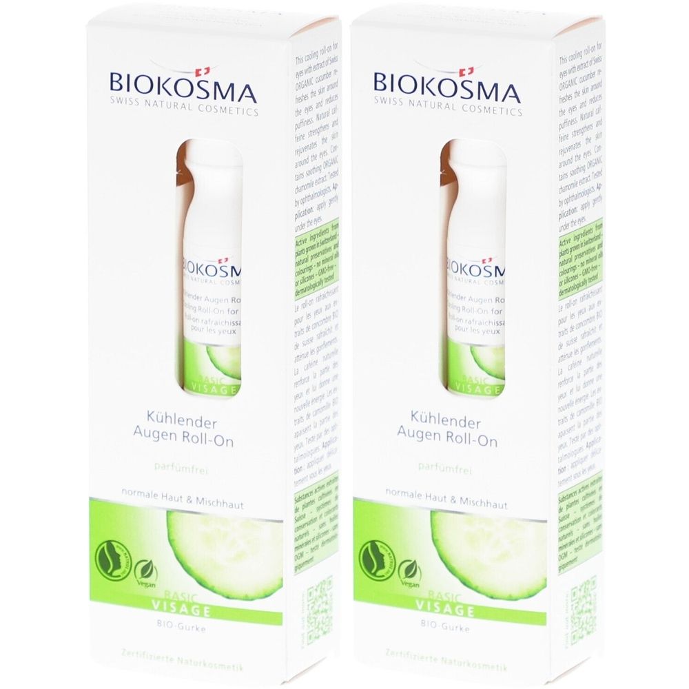 Zwei Packungen BIOKOSMA Augen-Roll-on. Weiße Verpackung mit Produktabbildung und Text. Kühlender Augen Roll-on.