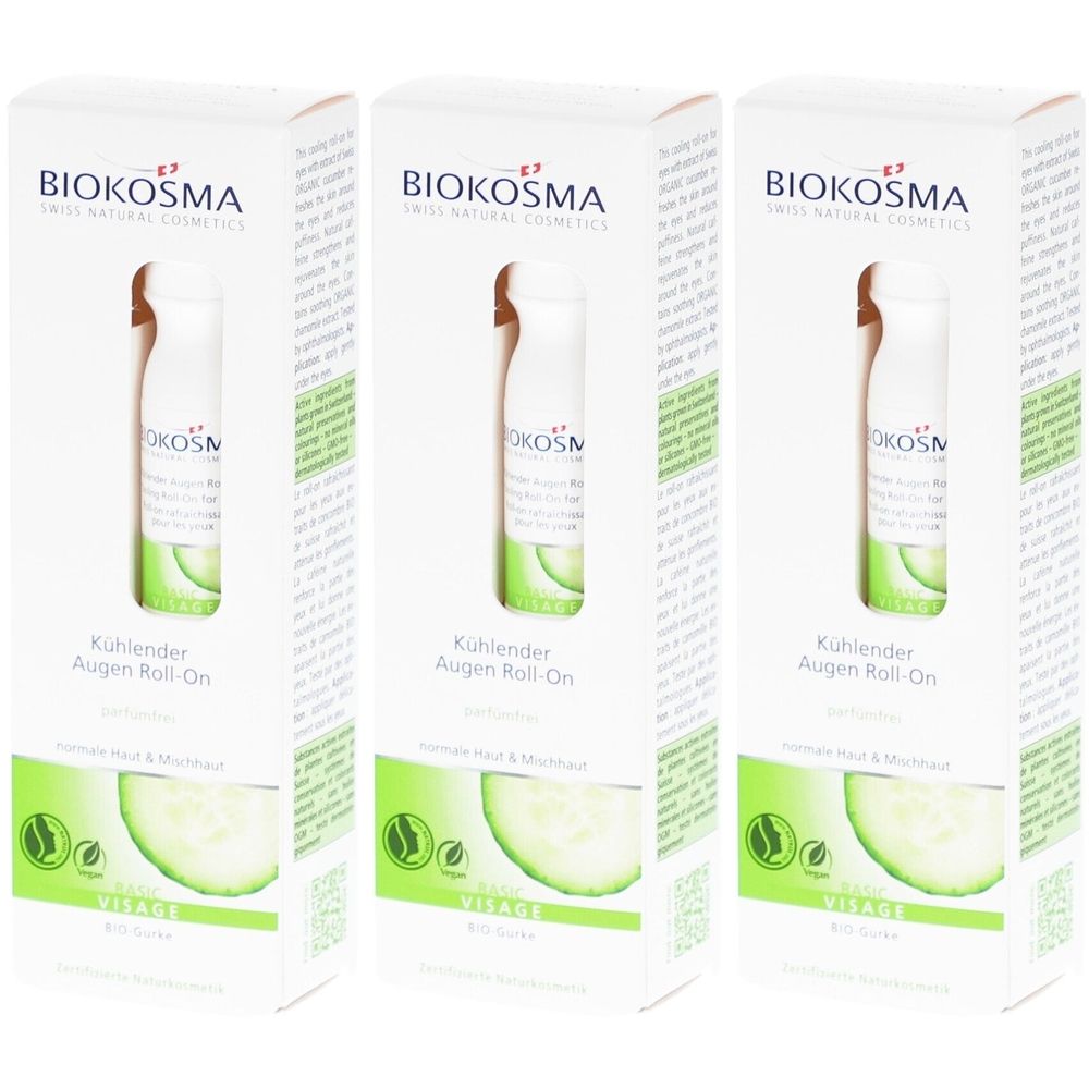 Drei Packungen BIOKOSMA Augen-Roll-on. Weiße Kartons mit Produkt und Gurkenscheibe. Text: Kühlender Augen Roll-on.