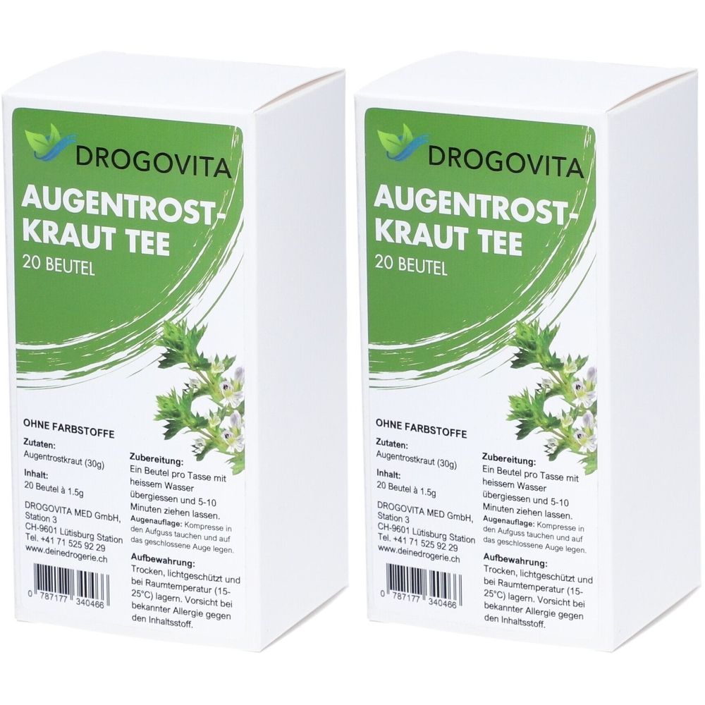 Zwei weiße Kartons mit grünen Etiketten. Aufschrift: Drogovita Augentrost-Kraut Tee, 20 Beutel.