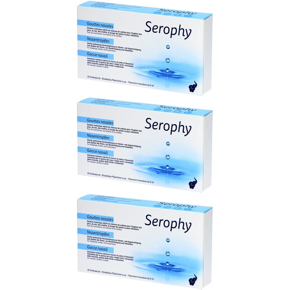 Drei Schachteln Serophy Nasentropfen. Blaue und weiße Verpackung mit Produktnamen und Tropfen-Illustration.