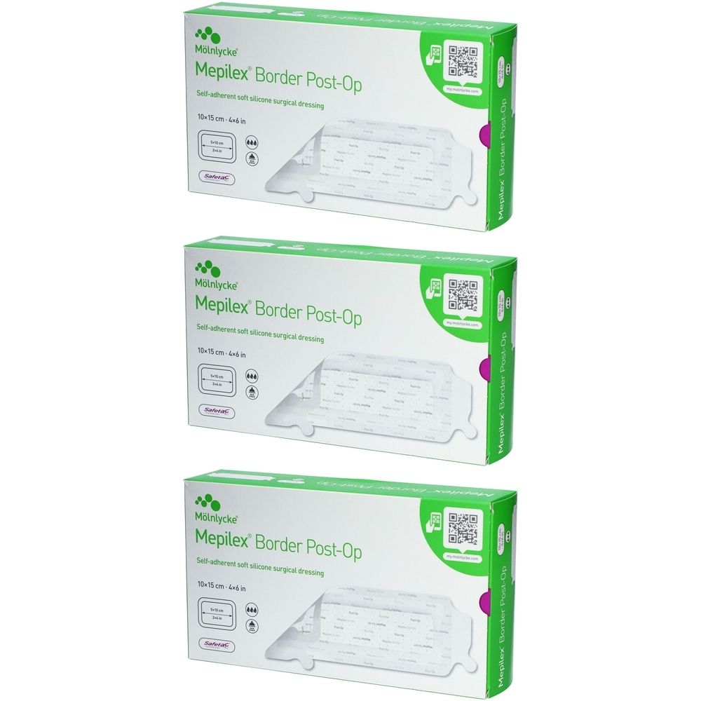 Trois boîtes vertes avec le nom du produit Mepilex Border Post-Op. Un pansement est représenté sur chaque boîte.
