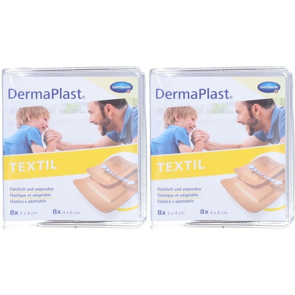 Zwei Packungen Pflaster-Sortiment. Klarsichtverpackung mit Produktabbildung und Text. Aufschrift: DermaPlast, Textil, 8x3x4 cm, 8x4x6 cm.