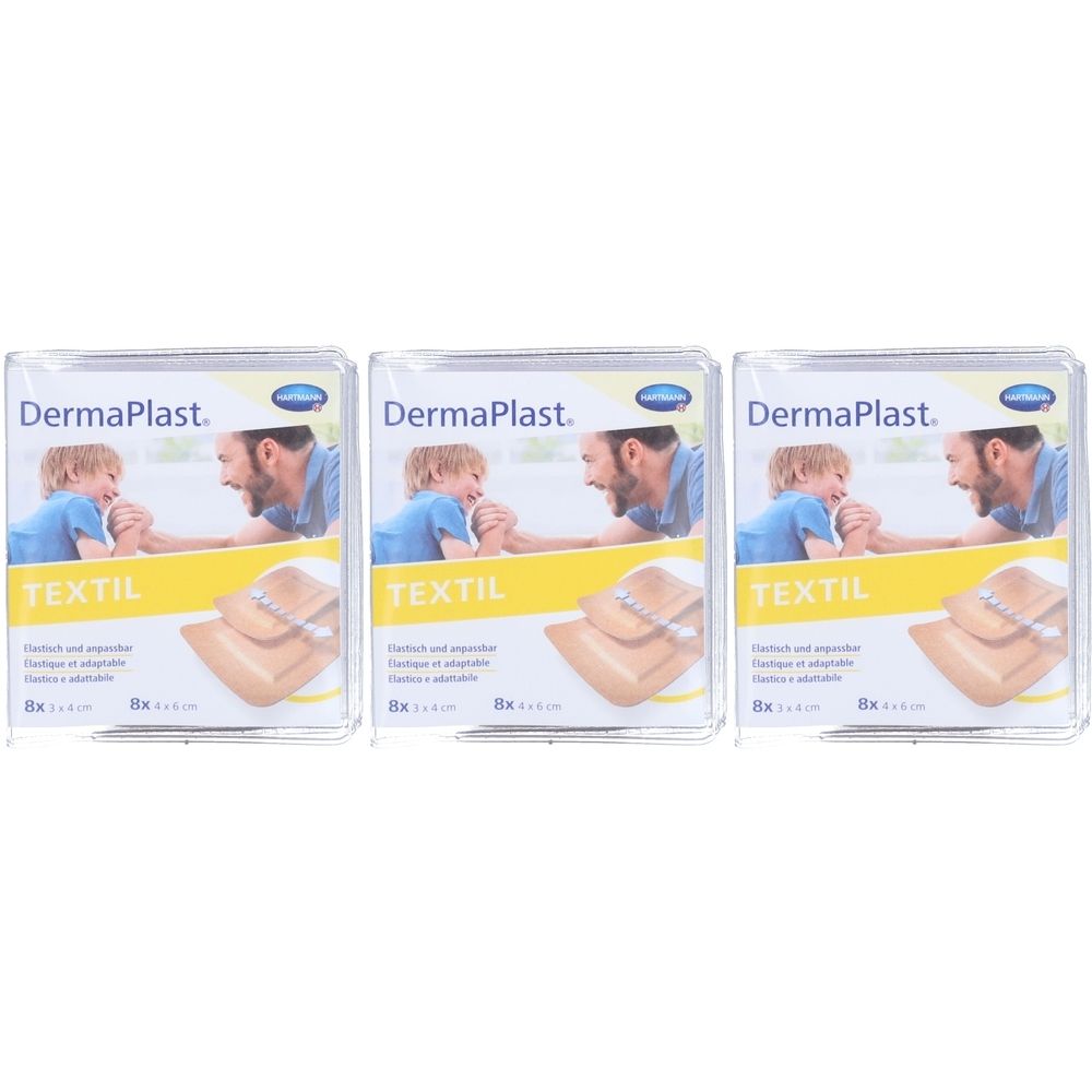 Drei Packungen Pflaster-Sortiment. Jede Packung zeigt das Produkt, Textil, und enthält 8 Pflaster 3x6 cm. Der Markenname ist Dermaplast.