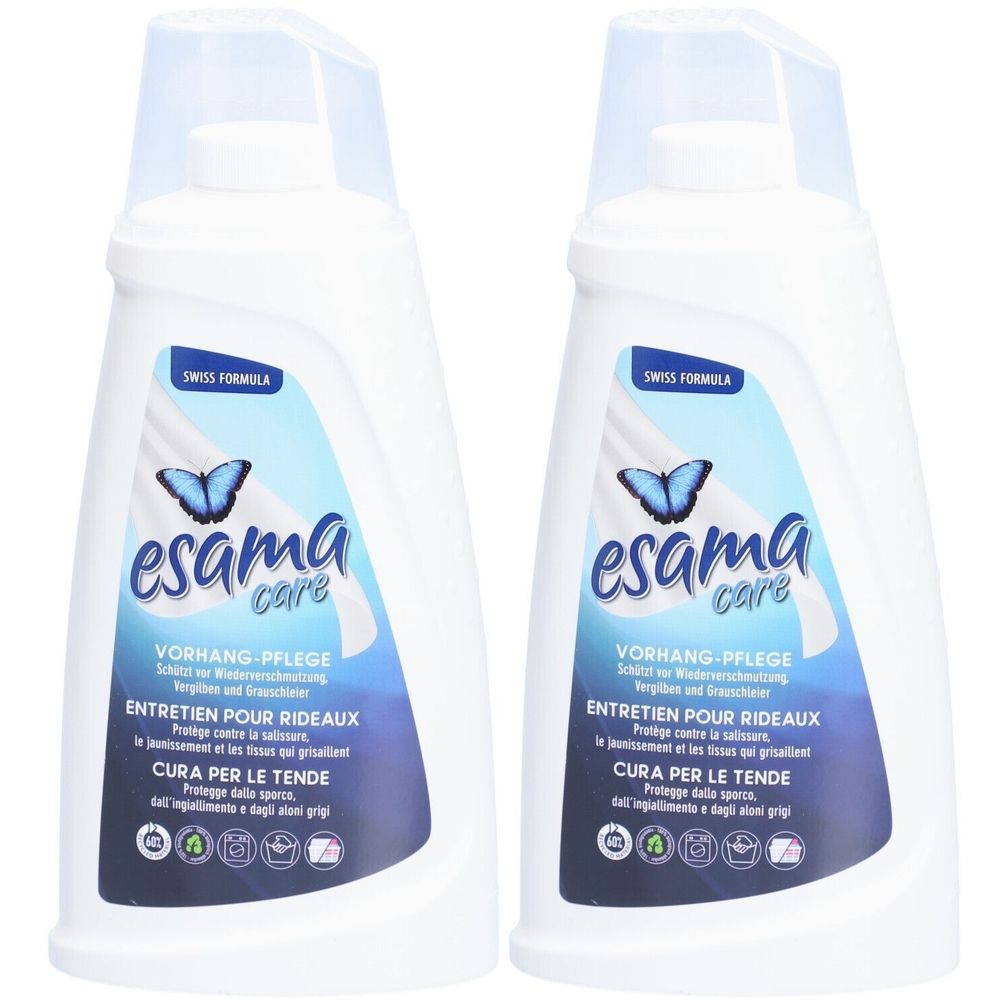 Zwei weiße Flaschen mit blauer Beschriftung. Aufschrift: esama care, Vorhang-Pflege, Swiss Formula. Mit Schmetterling-Logo.