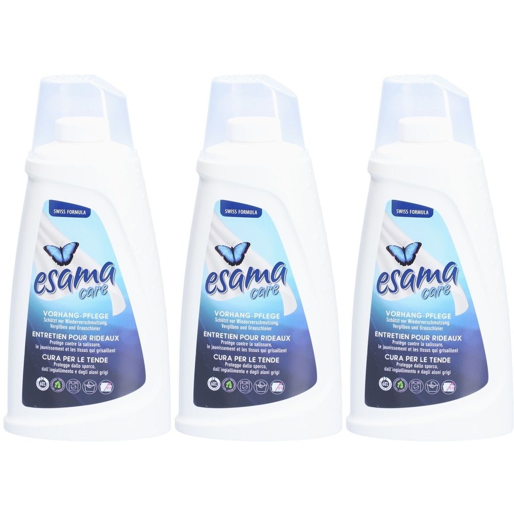 Drei weiße Flaschen mit blauer Etikettierung. Aufschrift: esama care, Vorhang Pflege, Swiss Formula.