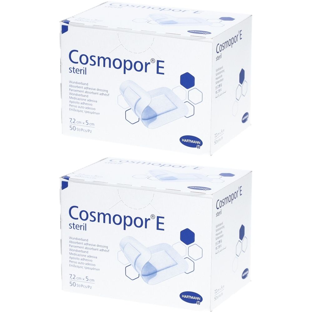 Zwei Kartons Cosmopor E steril. Aufdrucke: Marke, Produktname, Größe, Abbildung eines Verbands. Herstellerlogo.