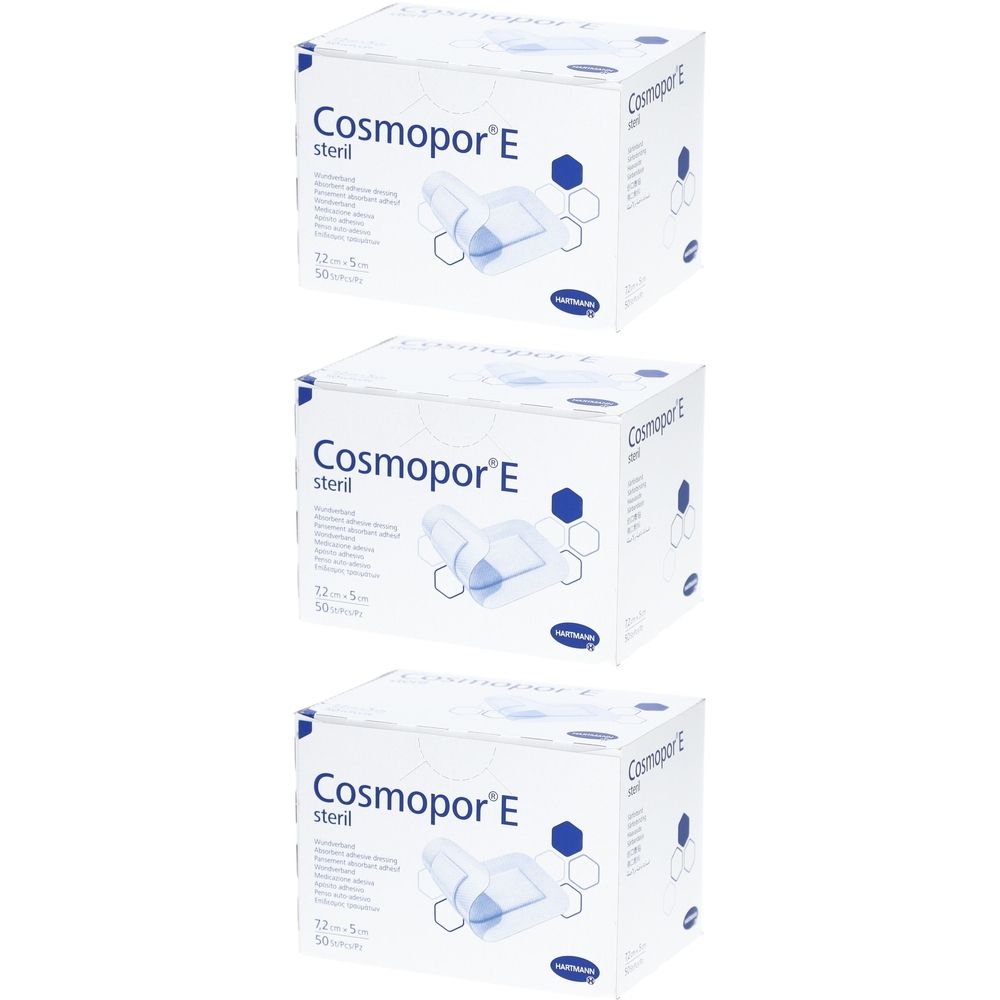 Drei weiße Kartons mit der Aufschrift "Cosmopor E steril". Auf jeder Packung sind Verbände abgebildet.