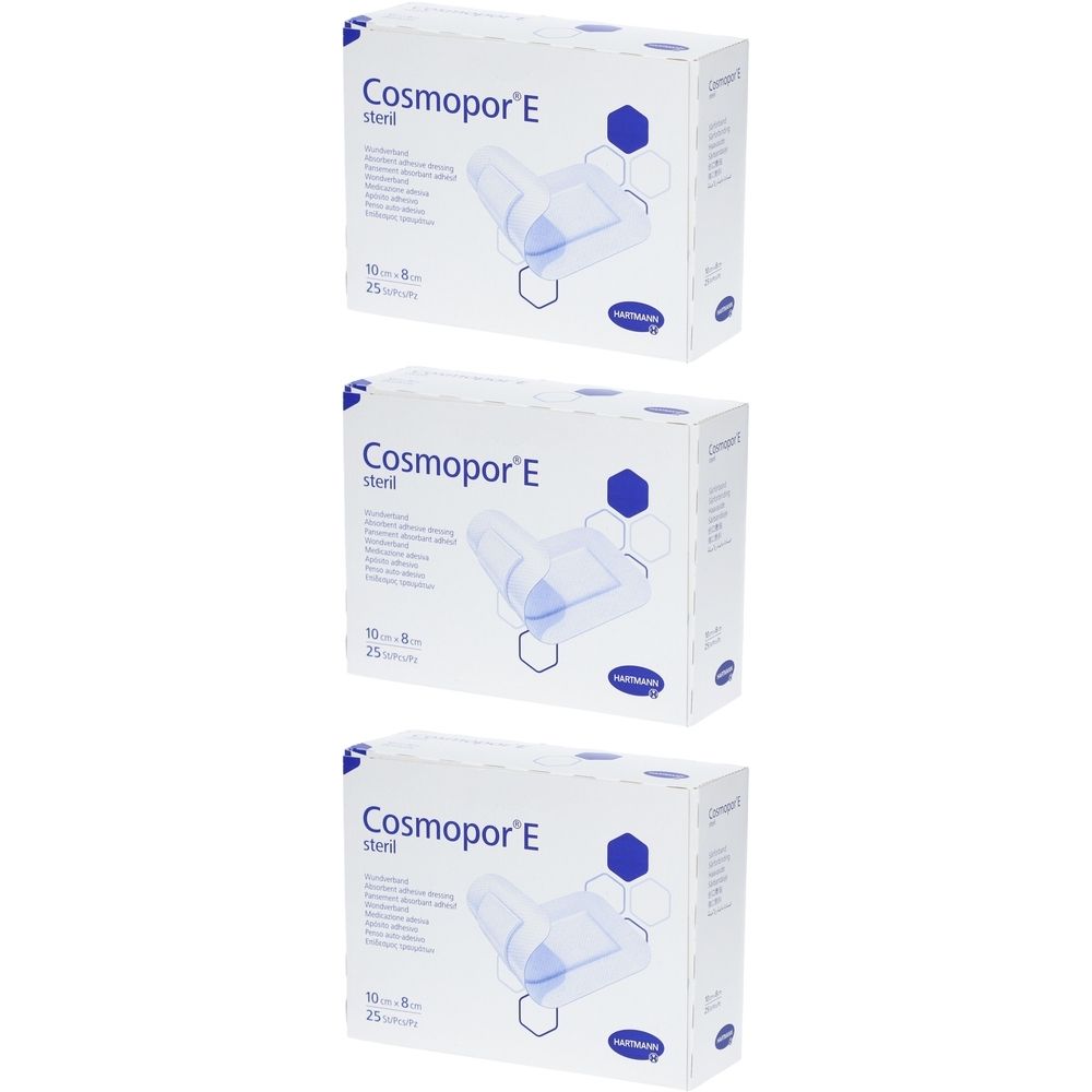 Drei weiße Kartons mit dem Aufdruck "Cosmopor E steril". Jede Packung zeigt ein Produktbeispiel und enthält 10 x 8 cm, 25 Stück.