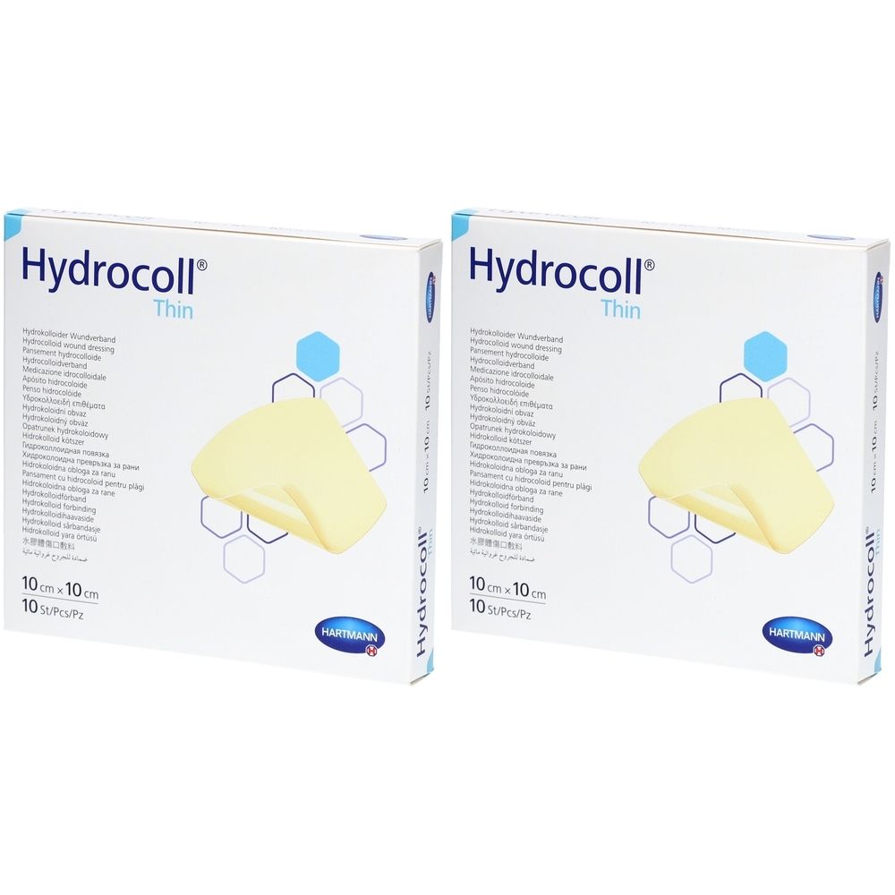 Zwei Packungen Hydrocoll Thin Wundauflage. Auf jeder Packung ist ein Pflaster abgebildet. Größe: 10 x 10 cm.