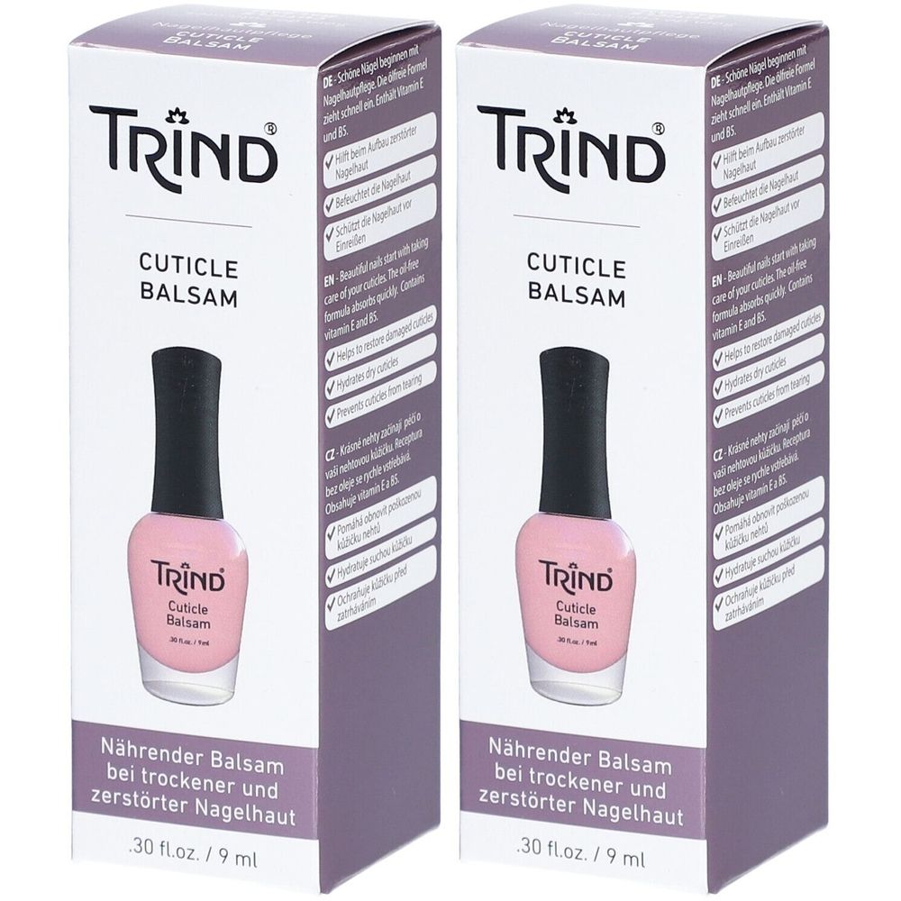Zwei Packungen TRIND Cuticle Balsam. Jede Packung enthält eine Flasche Nagelhautbalsam in einer rosa Flasche mit schwarzem Deckel. Aufschrift: Cuticle Balsam.