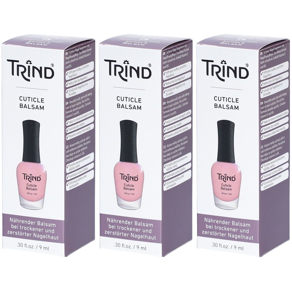 Drei Packungen TRIND Cuticle Balsam. Jede Packung enthält eine Flasche Nagelhautbalsam. Auf der Verpackung steht "Nährender Balsam bei trockener und zerstörter Nagelhaut".
