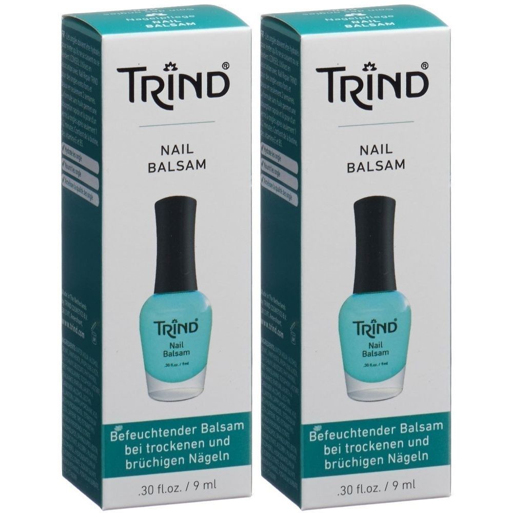 Zwei Packungen TRIND Nail Balsam. Weiße Schachteln mit türkisfarbenen Akzenten. Aufdruck: TRIND, Nail Balsam, Produktabbildung.