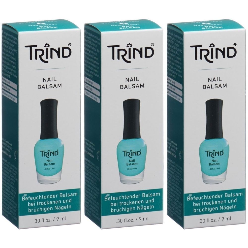 Drei Schachteln mit TRIND Nail Balsam. Jede Schachtel zeigt eine Flasche Nagellack mit schwarzem Deckel und türkisfarbener Flüssigkeit.
