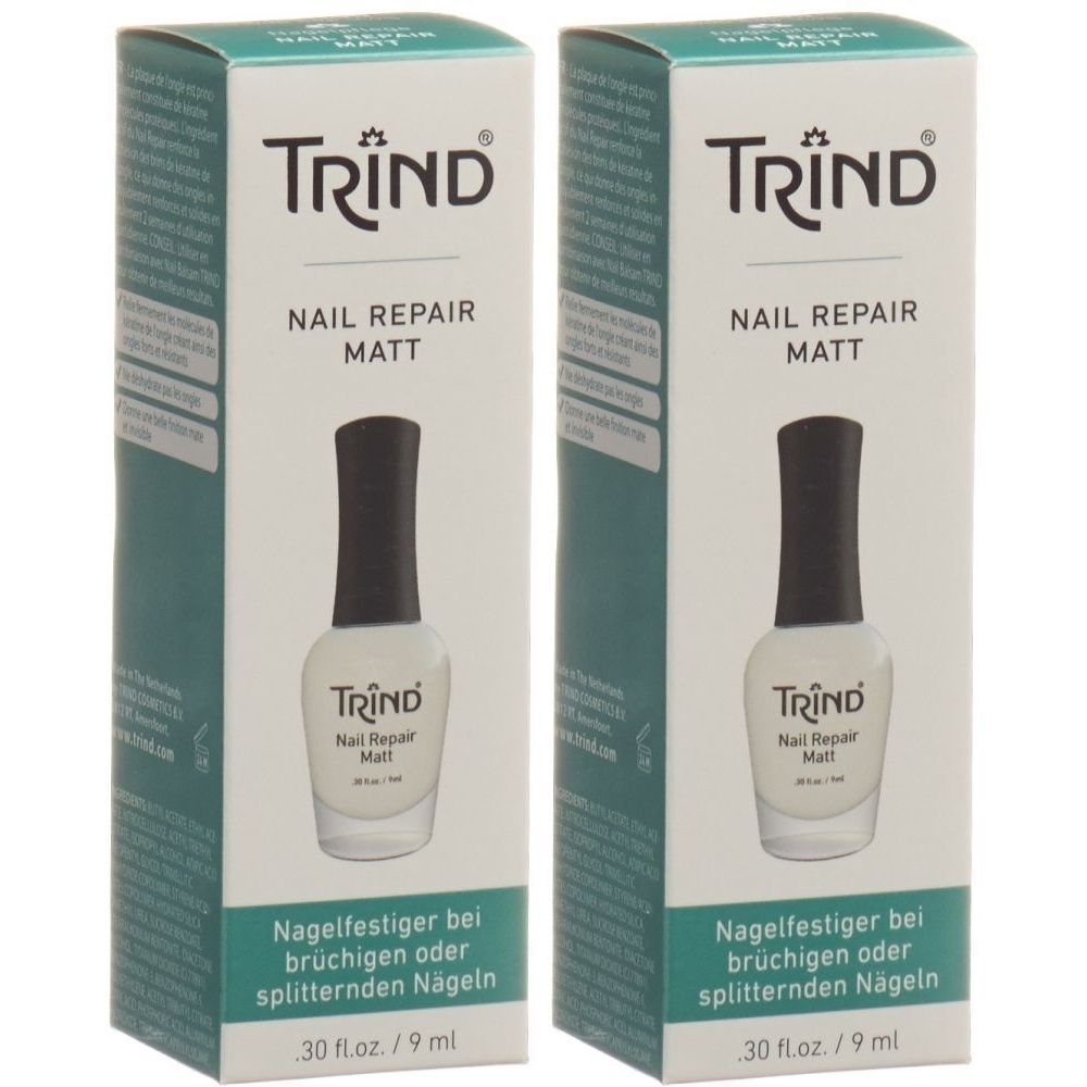 Zwei Packungen TRIND Nail Repair Matt. Auf jeder Packung: Produktname, Flasche mit schwarzem Deckel, Text in Deutsch.