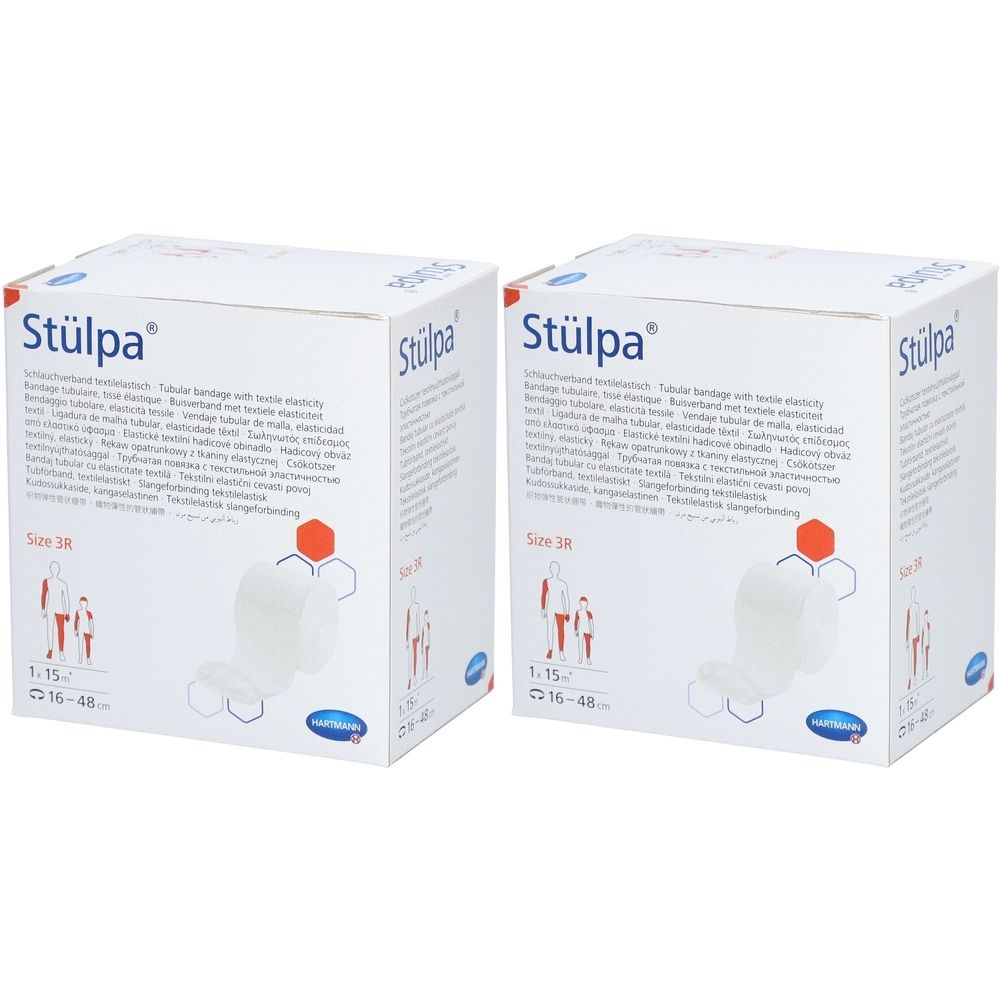 Zwei weiße Kartons mit der Aufschrift "Stülpa". Aufdrucke mit Produktinformationen und Piktogrammen. Größe 3R.