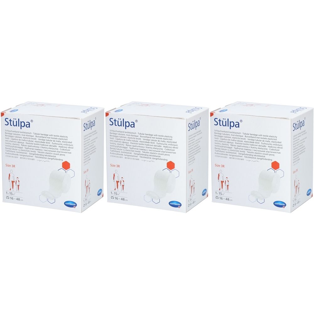 Drei Kartons Stülpa® Schlauchverband. Weiße Verpackung mit Produktabbildung und Text. Größe 28.