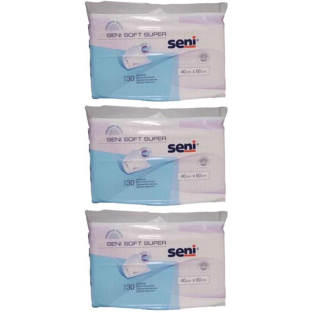 Drei Packungen Seni Soft Super Krankenunterlagen. Jede Packung zeigt die Marke Seni, die Größe 40x60 cm und die Anzahl 30.